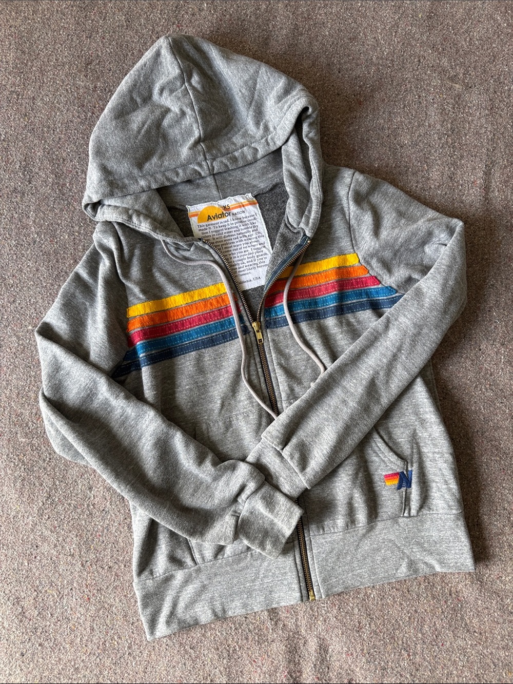 Aviator Nation Grey Zip-Up Hoodie with Yellow, Orange, Red and Blue Stripes (XS)